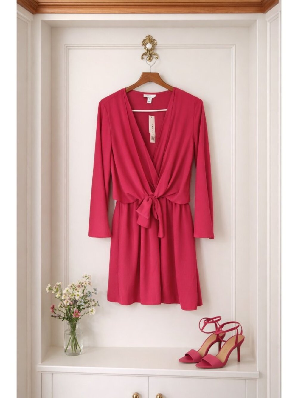 Topshop Pink Tie Front Mini Dress Long Kimono Sleeves US 4 NWT